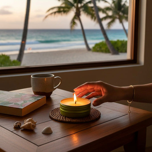 Hand lighting a candle on a table with a beach view through a window.