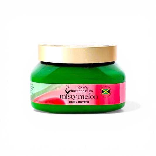 Green jar of Roxanne & Co. Misty Melon body butter on a white background