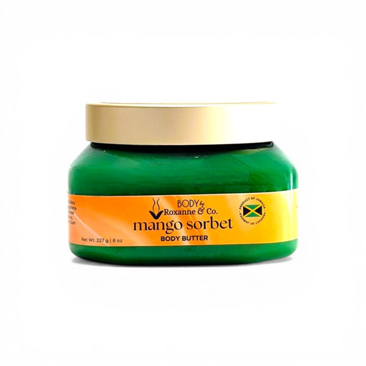 Green jar of 'Mango Sorbet' body butter by Roxanne & Co on a white background