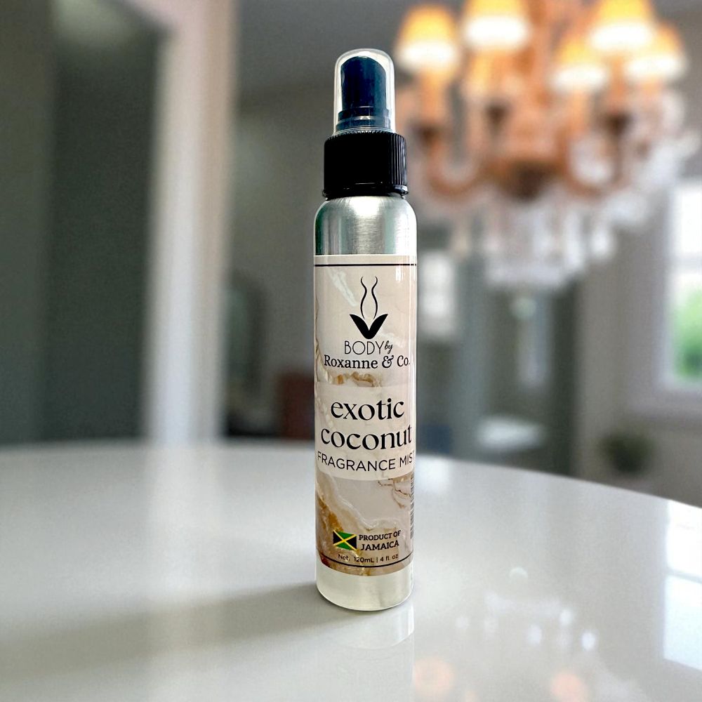 Exotic coconut fragrance mist bottle on a surface with a blurred background