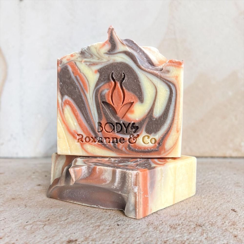 A handmade marbled soap bar with swirls of cream, brown, and terracotta, standing on top of another bar. The front bar is embossed with the brand name 'BODY'S Rosanne & Co.