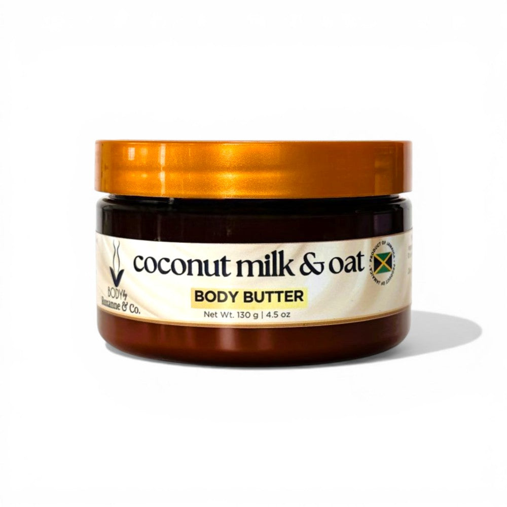 Jar of coconut milk and oat body butter with a gold lid on a white background