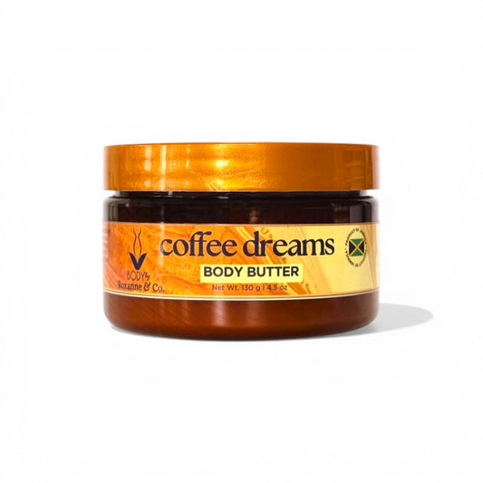 Jar of 'Coffee Dreams' body butter with a gold lid on a white background