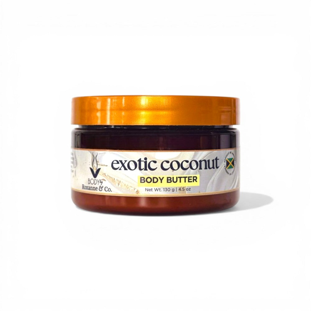Jar of exotic coconut body butter with a gold lid on a white background