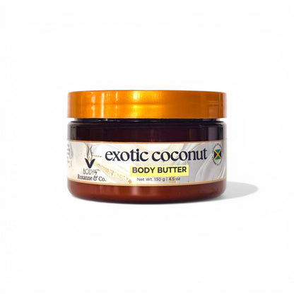 Jar of exotic coconut body butter with a gold lid on a white background