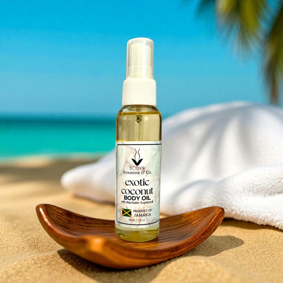 Exotic coconut body oil bottle on a wooden dish with a beach background