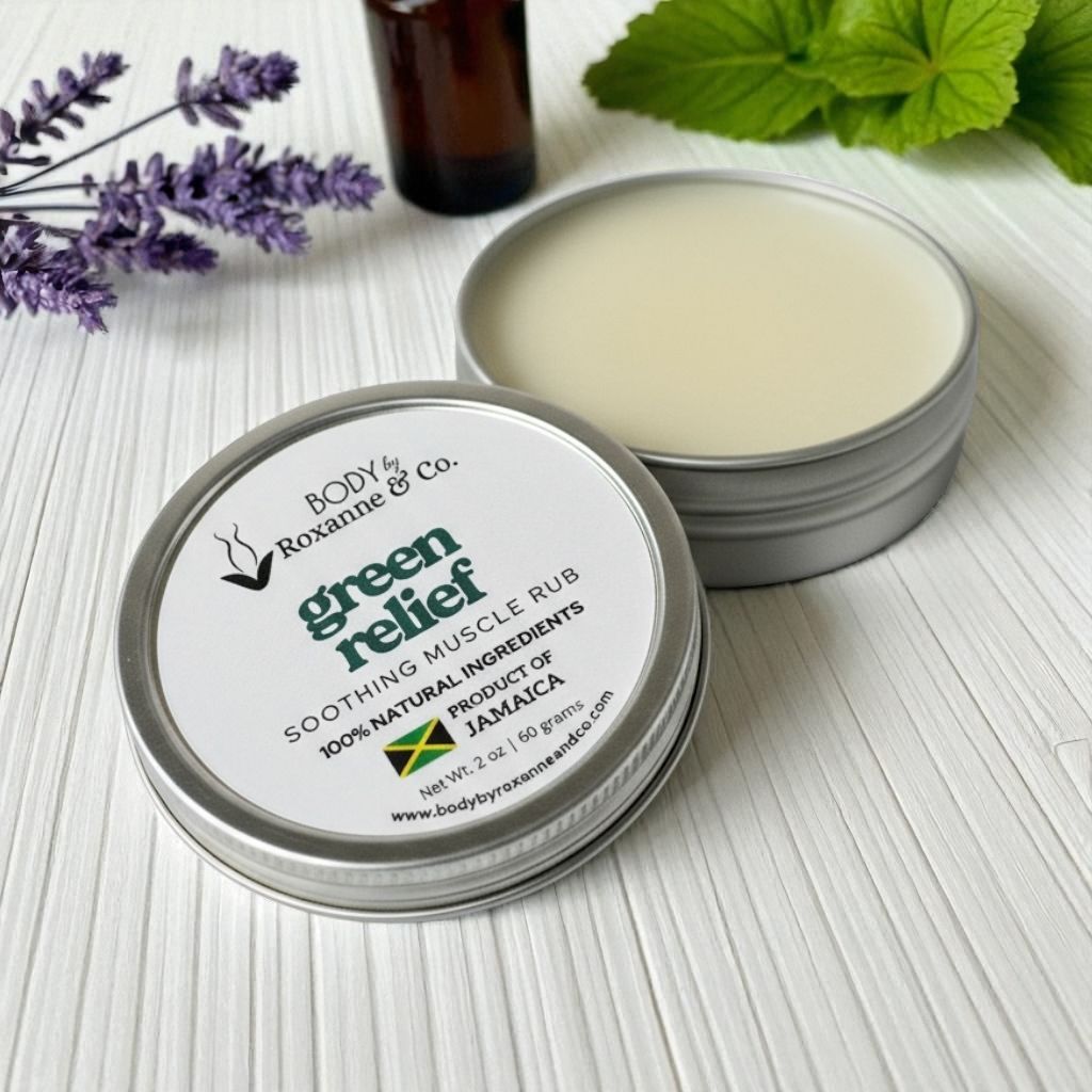 An open of 'Green Relief' muscle rub with a bottle and lavender flowers on a light surface.