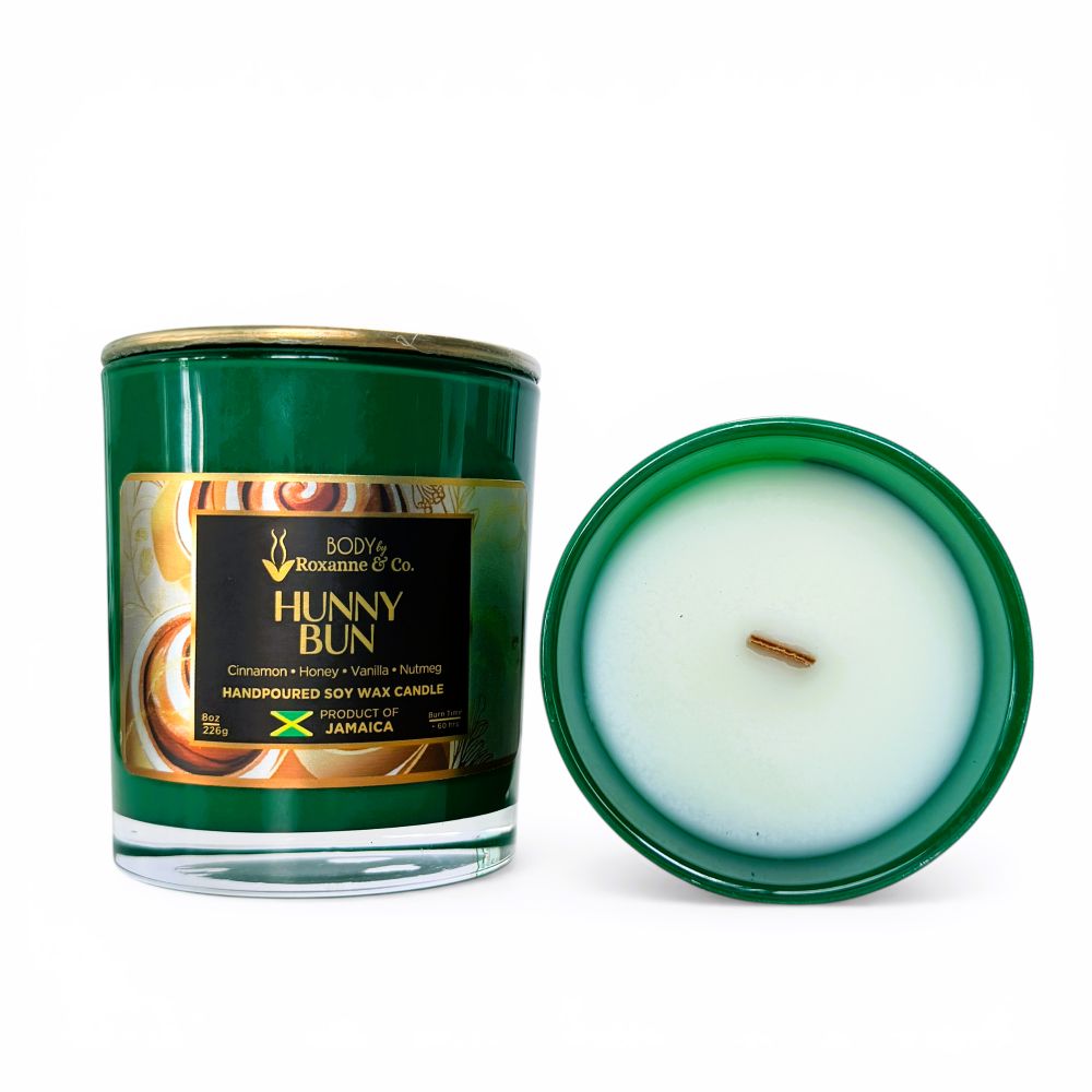 Hunny Bun candle with green lid and label on a white background