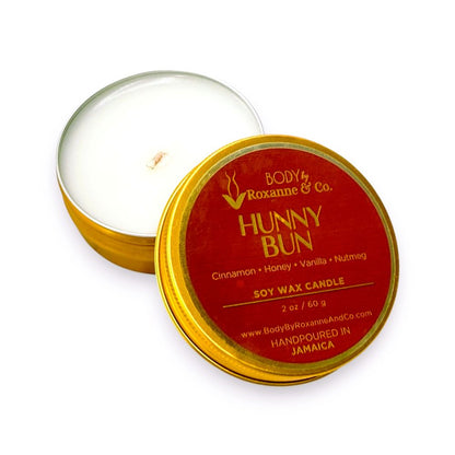 Body & Co Hunny Bun soy wax candle in a tin with a red label on a white background