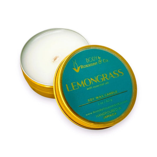 Lemongrass candle in a tin with a green label on a white background