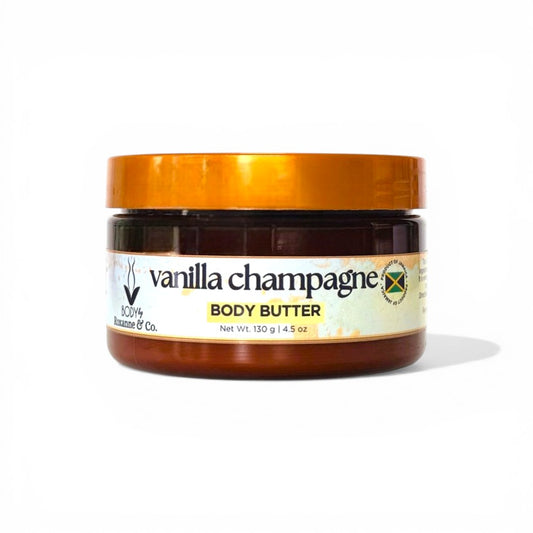 Jar of Vanilla Champagne body butter on a white background