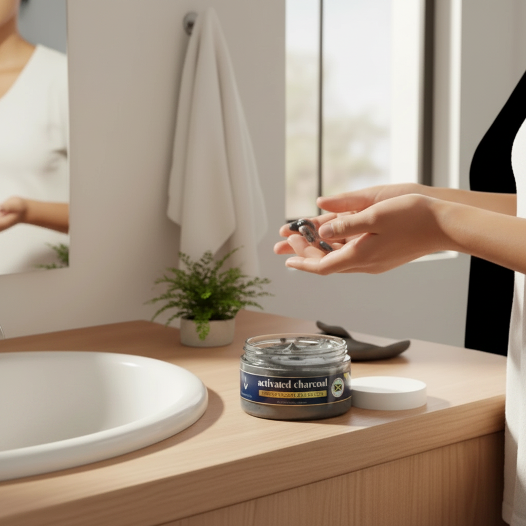 BODY By Roxanne & Co. activated charcoal cream cleanser in a jar with a person scooping product in a bathroom setting.