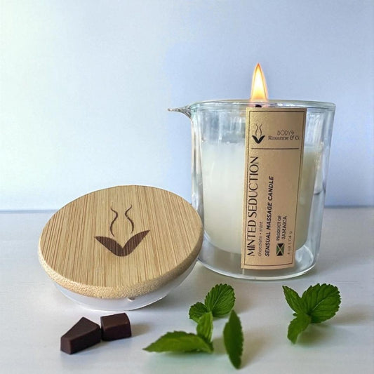 BODY By Roxanne & Co. Minted Seduction massage candle, chocolate mint scented, soy wax blend, in glass jar with wooden lid.