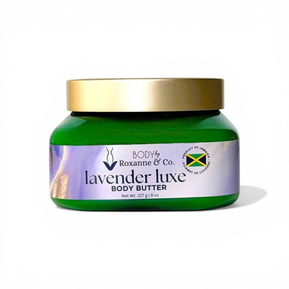BODY By Roxanne & Co. Lavender Luxe body butter in a green jar with a gold lid. Natural shea and cocoa butter formula.