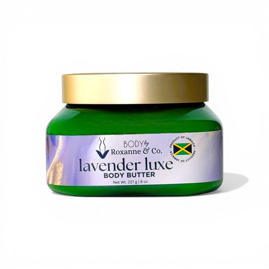 BODY By Roxanne & Co. Lavender Luxe body butter in a green jar with a gold lid. Natural shea and cocoa butter formula.