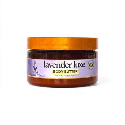BODY By Roxanne & Co. Lavender Luxe body butter in a jar with a gold lid. Rich, hydrating formula with shea and cocoa butter.