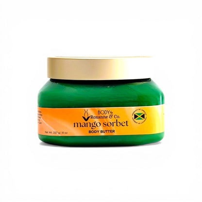 Green jar of 'Mango Sorbet' body butter by Roxanne & Co on a white background